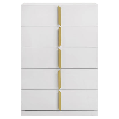 Coaster Home Furnishings - INES - Wood - 5-Drawer Chest with Vertical Gold Pulls, English Dovetail Joinery and Contemporary Design - Bedroom - White High Gloss - 223095