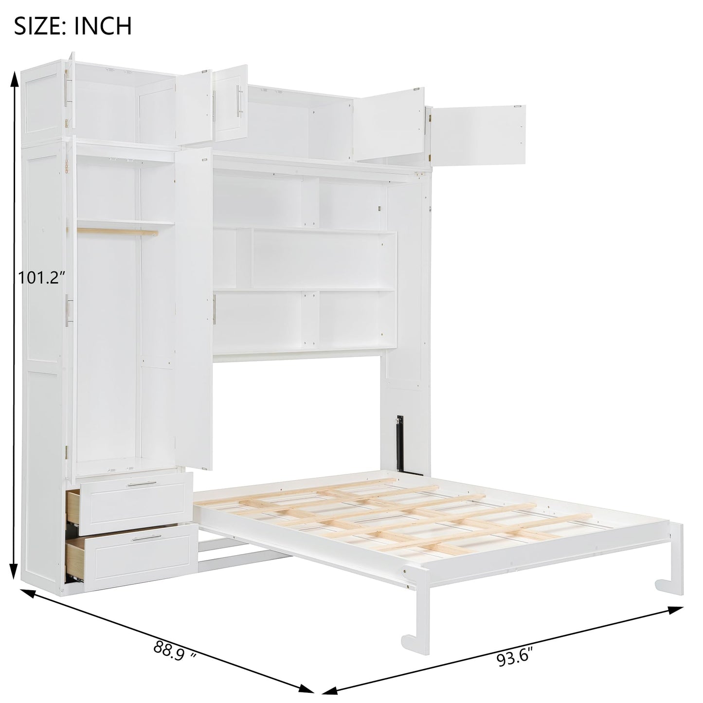 Merax Queen Size Murphy Bed with Top Cabinet, Shelves and Wardrobe, Fold into The Wall, Space-Saving Design, Multifunctional Foldable Platform Bed Frame for Bedroom, Guest Room, Home Office, White