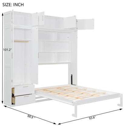 Merax Queen Size Murphy Bed with Top Cabinet, Shelves and Wardrobe, Fold into The Wall, Space-Saving Design, Multifunctional Foldable Platform Bed Frame for Bedroom, Guest Room, Home Office, White