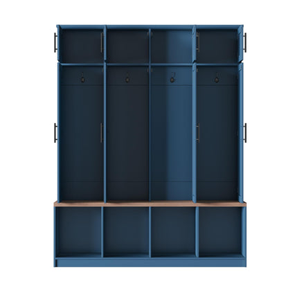 Hall Tree with Entryway Bench and Shoe Cabinet, Multi-Functional Seating Bench with 4 Hanging Hooks and 8 Doors, Blue