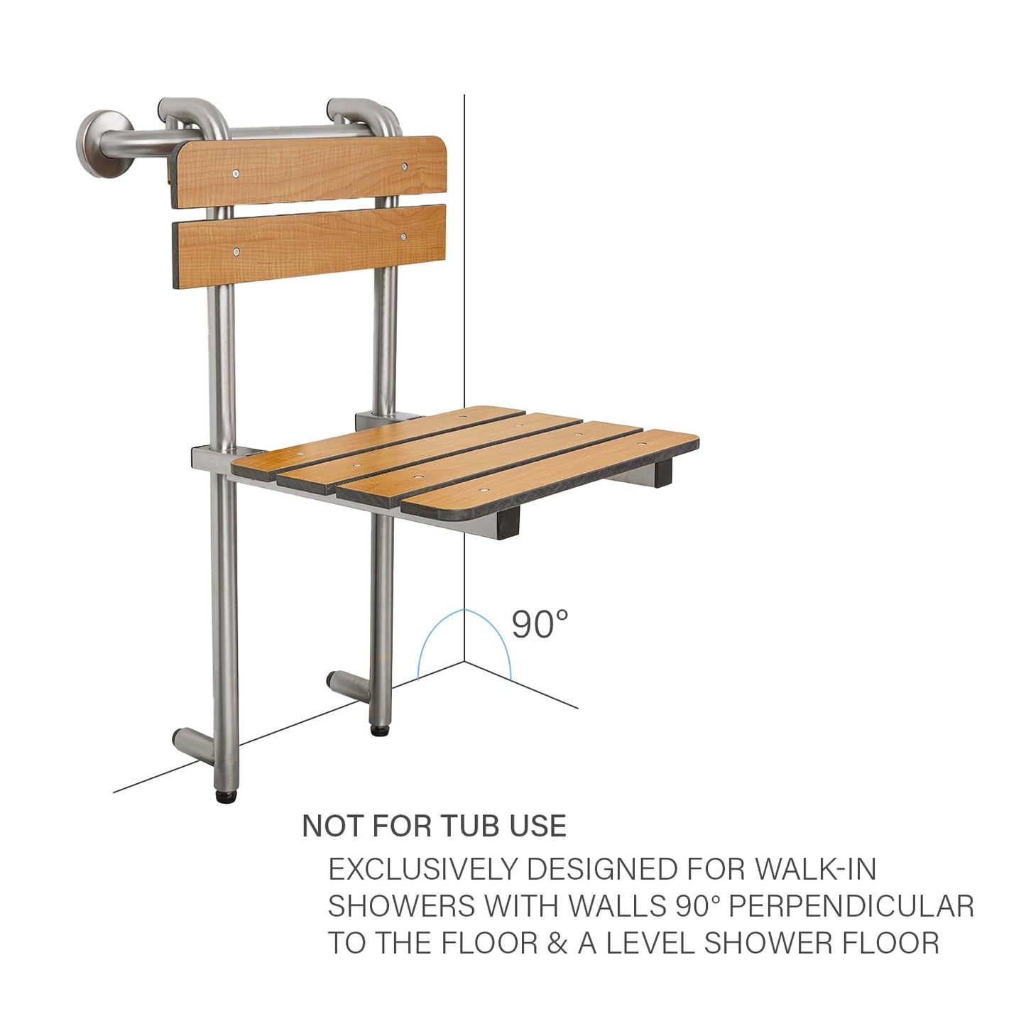 Seachrome Profile Folding Shower Seat with 18 inch Grab Bar, Removable Hanging Bench with Backrest & Legs, Teak Phenolic Seat, Stain Stainless Steel Grab Bar
