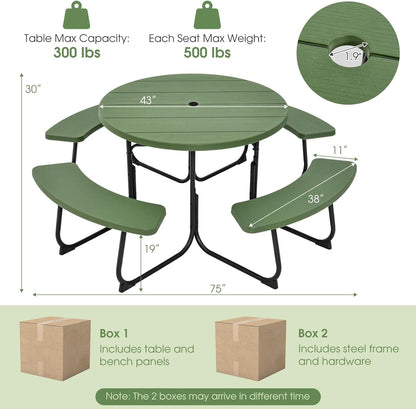 Julimoon Round Picnic Table for Outdoors, 8 Person Outdoor Picnic Tables & Benches Set with Umbrella Hole, HDPE Tabletop & Metal Frame, 2000 LBS Capacity Table Bench Set for BBQ, Garden, Lawn, Patio