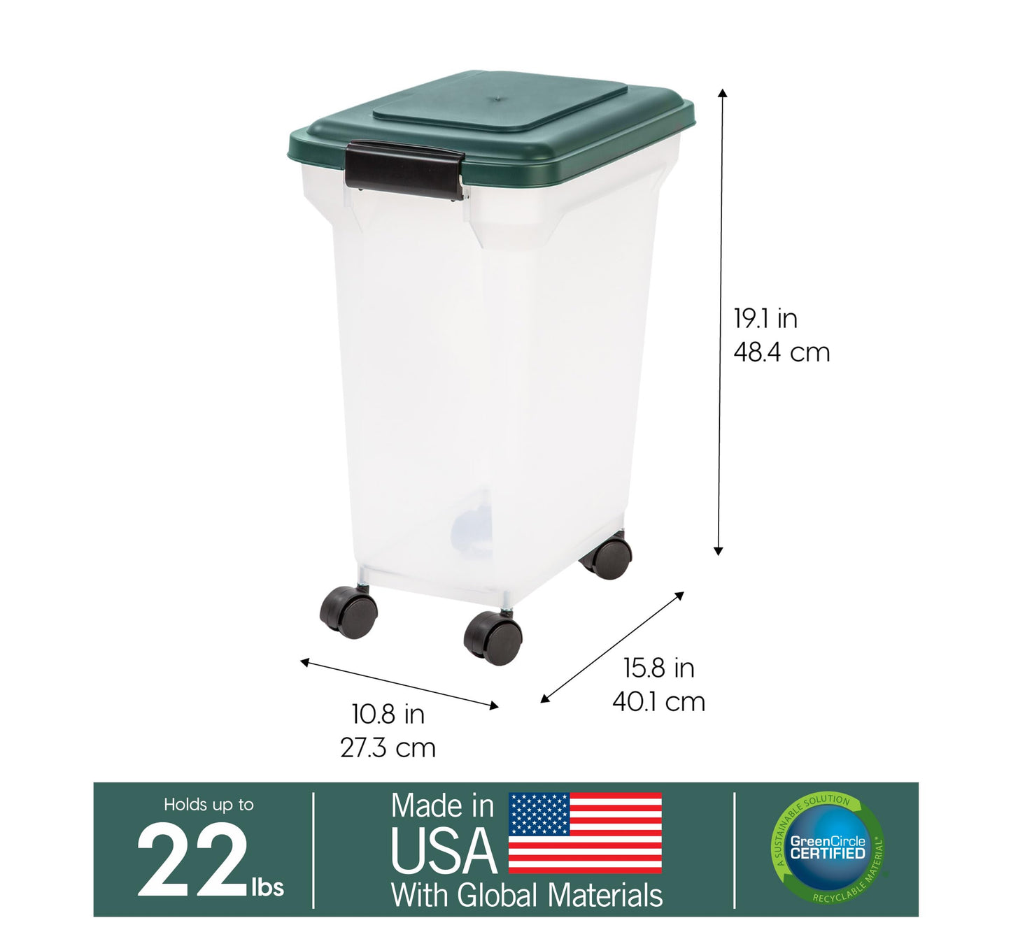 IRIS USA, Inc. Remington Airtight Pet Food Storage Container, 22-Pounds, Hunter Green
