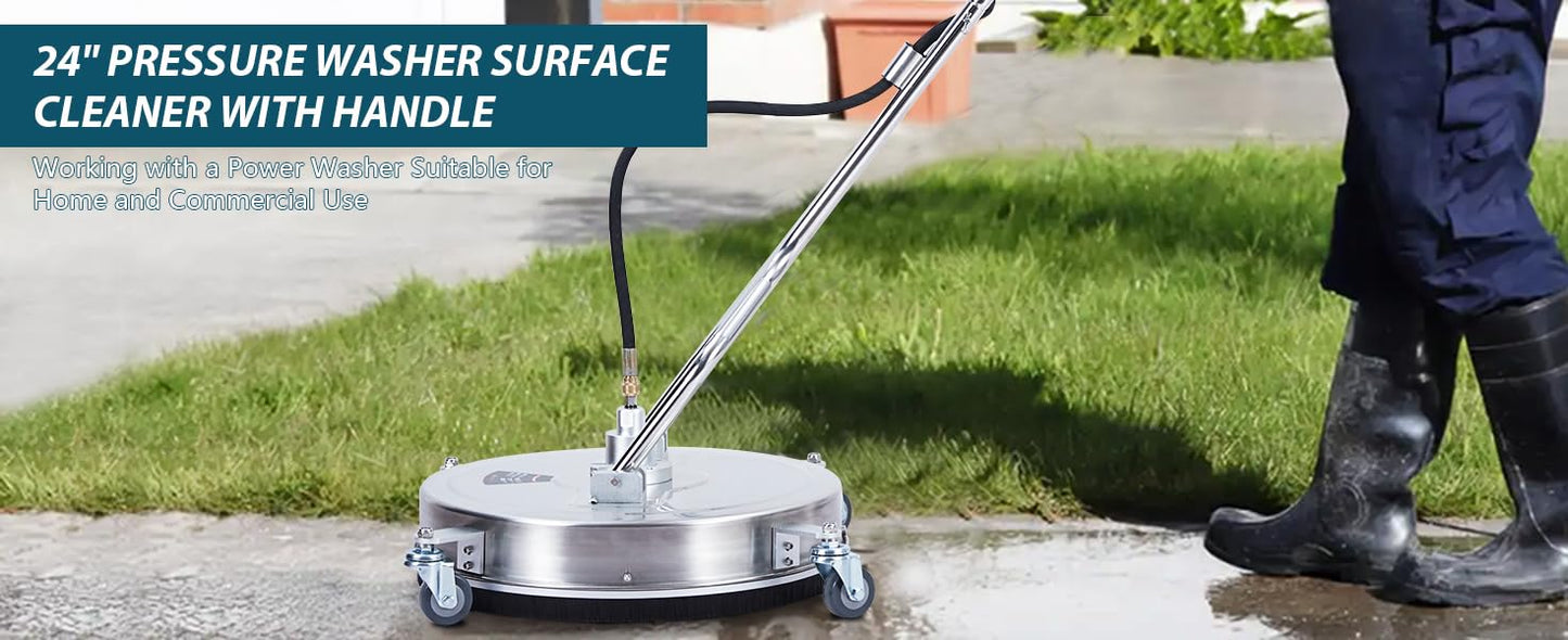 24" Stainless Steel Surface Cleaner for Pressure Washer, 4000 PSI Max Power Washer Attachment with Dual Rotating Nozzles, 4 Wheels, Adjustable Handle for Driveway, Patio, Sidewalk