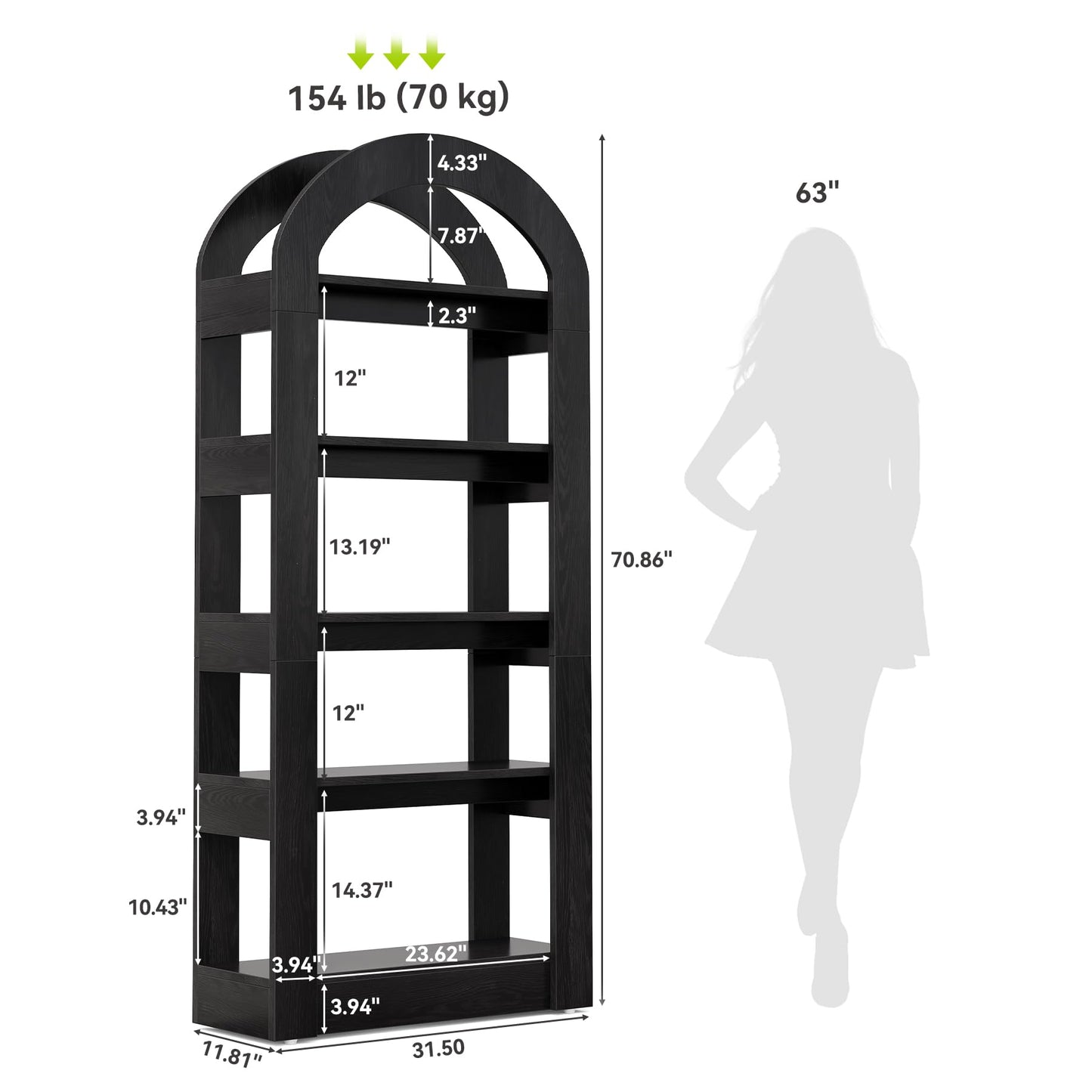 LITTLE TREE 5-Tier Bookshelf, Arch-Shaped Racks, Tall Standing Wooden Bookcase Display Shelf Modern Storage Solution (2, Black)
