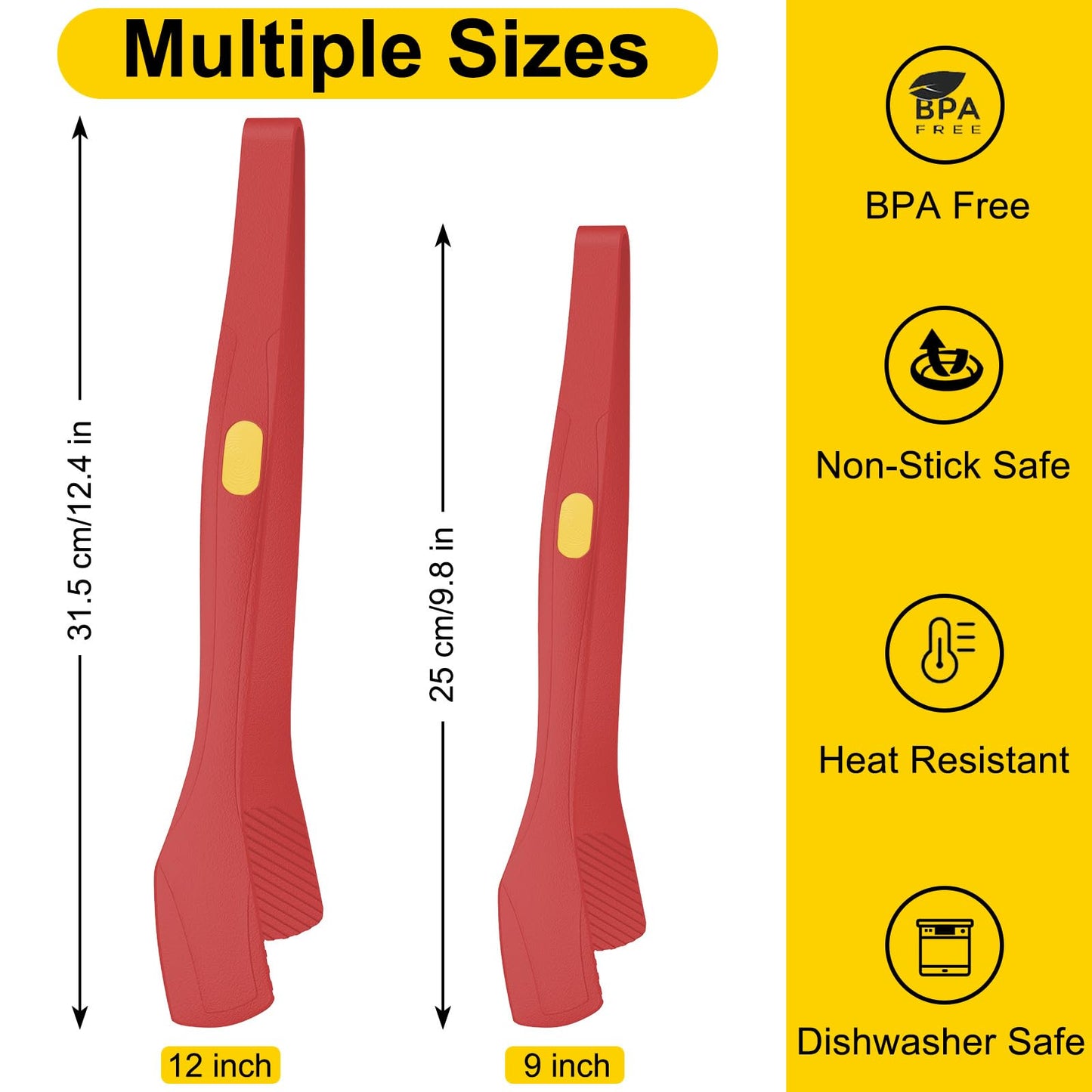 Beijiyi Kitchen Tongs for Cooking, 9" & 12" Set, Silicone Cooking Tongs with Silicone Tip for Nonstick Cookware, 600°F Heat Resistant, Stainless Steel Core, Great for Grilling and Serving Food (Red)