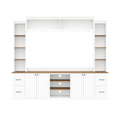 Ball & Cast 94.8" Entertainment Center Wall Unit with Bookshelf for TVs Up to 70",Farmhouse Large TV Stand with Walnut Adjustable Shelves,Retro Media Console with 4 Drawers for Living Room,White