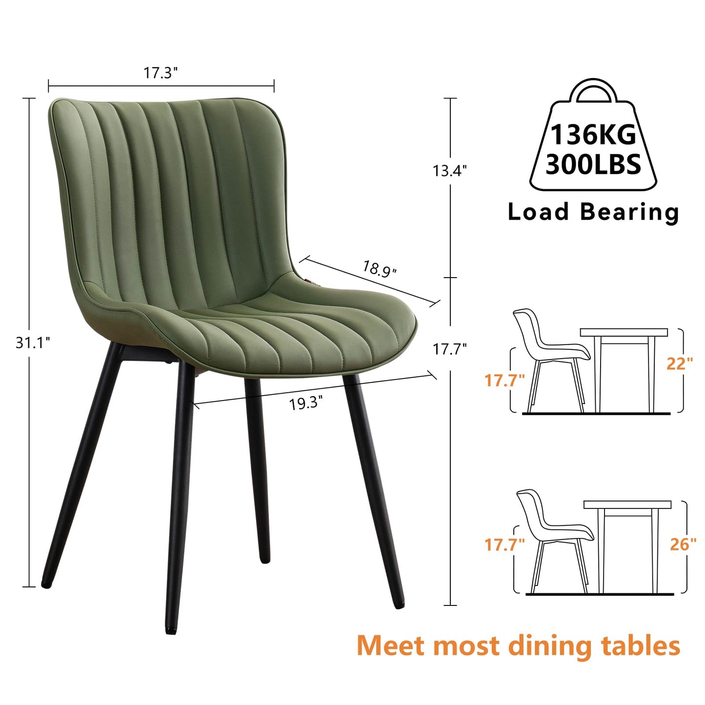 YOUNUOKE Mid-Century Modern Dining Chairs Set of 2, Olive Green Faux Leather Upholstered Accent Chairs with Black Metal Legs, Armless Side Chair for Dining Room, Guest Reception Room