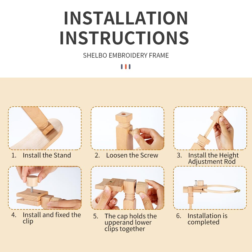 Sherbo Adjustable Embroidery Hoop Stand with 2PCS 6'' 7''Hoops, Rotated Beech Wood Cross Stitch Frame, Hands-Free Needlework Stand, Solid Hand-Polished Natural Wood Holder for Sewing Projects.
