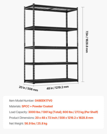 VEVOR Storage Shelves, 3000 lbs, 5 Tier Heavy Duty Garage Shelving, 20" D x 48" W x 72" H Adjustable Metal Shelves for Industrial Shelving Unit Utility Shelf, for Kitchen, Warehouse, Basement, Black