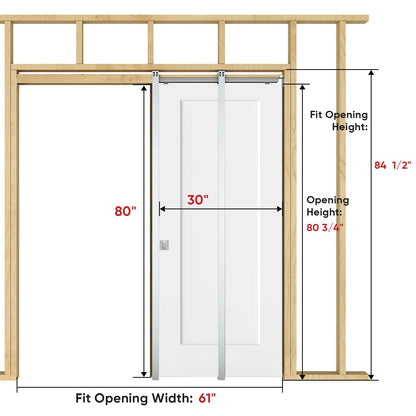 BARNSMITH 30in x 80in Sliding Pocket Door, Track Hardware and Frame Kits with 1-Panel White Paintable Door Slab & Satin Nickel Privacy Latch Included, Soft Close Mechanism, Durable and Smooth