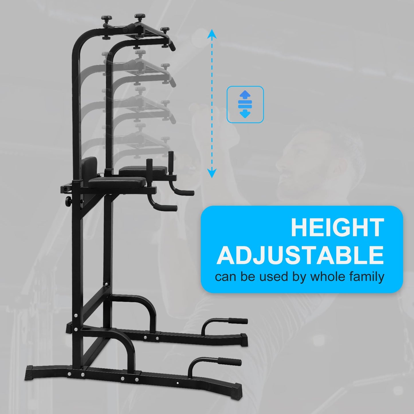 Power Tower Pull Up Bar Dip Station for Strength Training, Multi-Handle Design, Adjustable Height, Home Gym Fitness