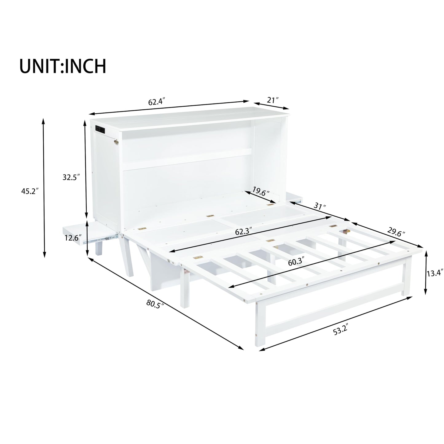 Ball & Cast Murphy Bed Full W/Desk & 2 Removable Shelves,Cabinet Bed W/ 2 USB Port & Power Outlets,Hidden Foldable Wall Bed Frame for Home Office,Apartment,Guest Room,White