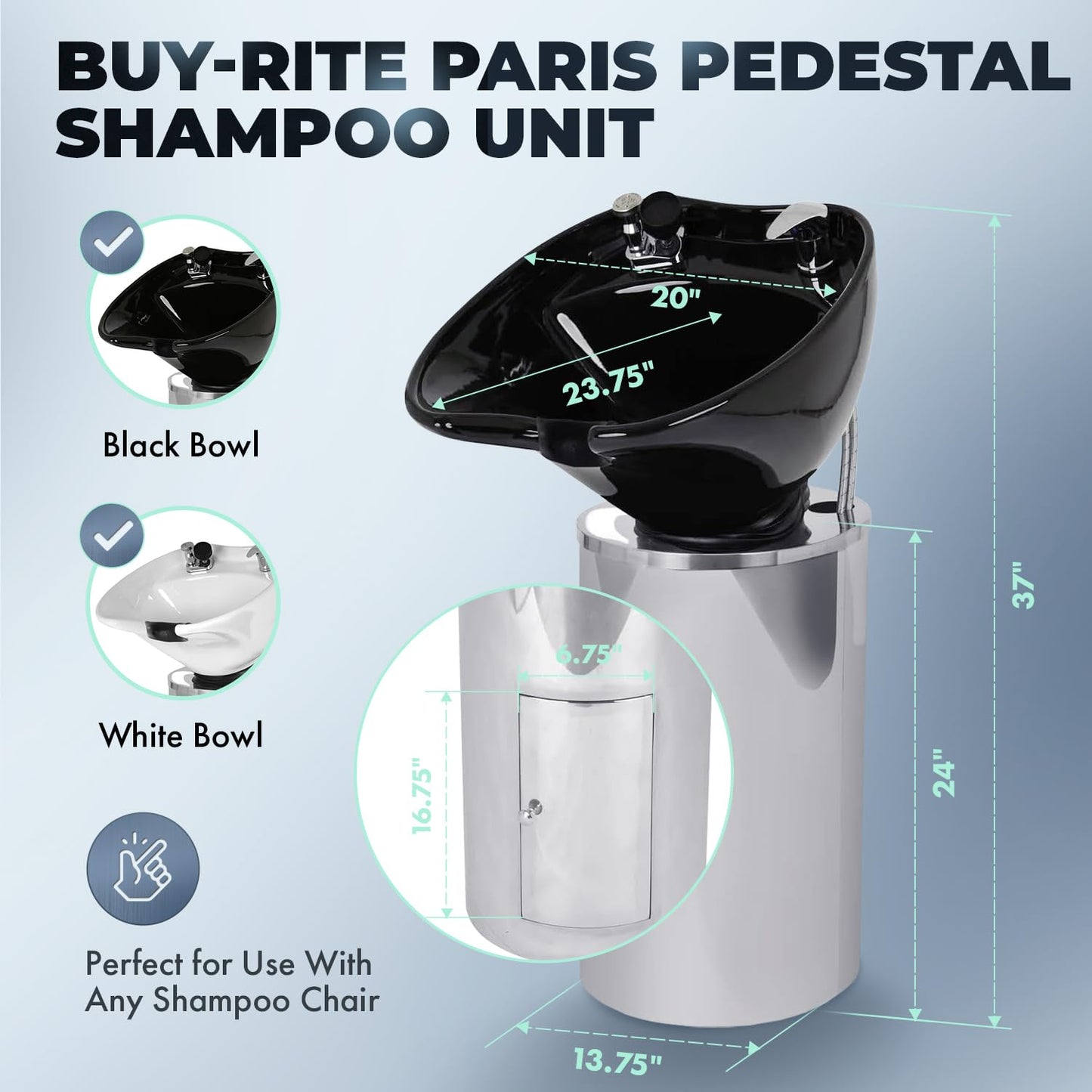 Buy-Rite Paris Pedestal Shampoo Unit – Professional Salon Shampoo Station with Tilting Porcelain Bowl, Silver Base with Black Bowl – Includes Faucet, Spray Hose, Drain & Vacuum Breaker