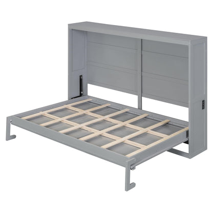 Ball & Cast Murphy Bed Full Size,Wall Beds with Charging Station and Storage Top,Slat Support,Wood Hideaway Cabinet Bedframe w/Leg,can be Folded,Space-Saving,for Small Room,Dorms,Gray