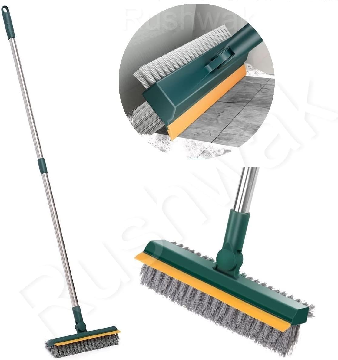 Rushwak 3 1 180 in Long Handle Bathroom Cleaning Brush with Wiper, Rotate for Floor/Toilet Cleaning (Multicolor)