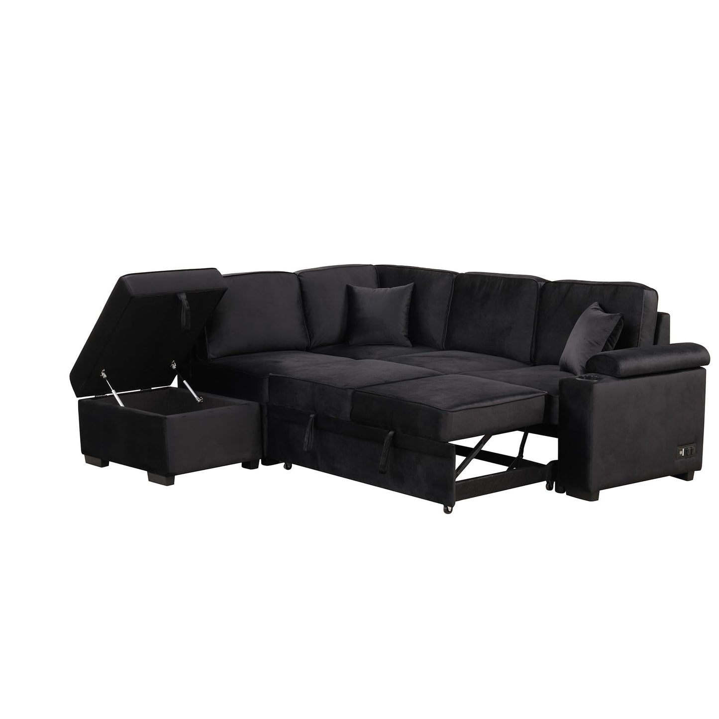 Ball & Cast 84" Convertible Sectional Sofa Bed,L-Shaped Sleeper Couch w/Storage Ottoman,Cup Holder and Charging Stations,Put Out Sofas w/Chaise,for Living Room and Small Apartment,Black