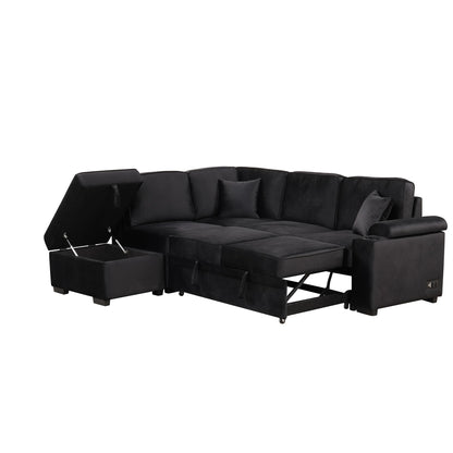 Ball & Cast 84" Convertible Sectional Sofa Bed,L-Shaped Sleeper Couch w/Storage Ottoman,Cup Holder and Charging Stations,Put Out Sofas w/Chaise,for Living Room and Small Apartment,Black
