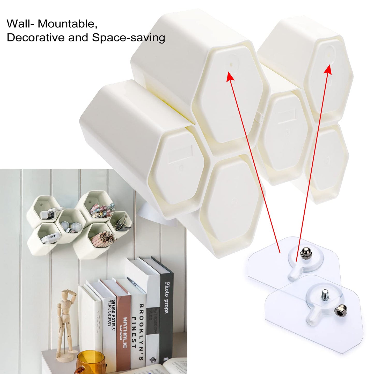 BTSKY Hexagonal Creative Pen Holder, Pen Container, Brush Pot, Combination Desktop Storage Organizer, Creative Hanging Planter Holder Multifunctional Wall-Mounted(White)