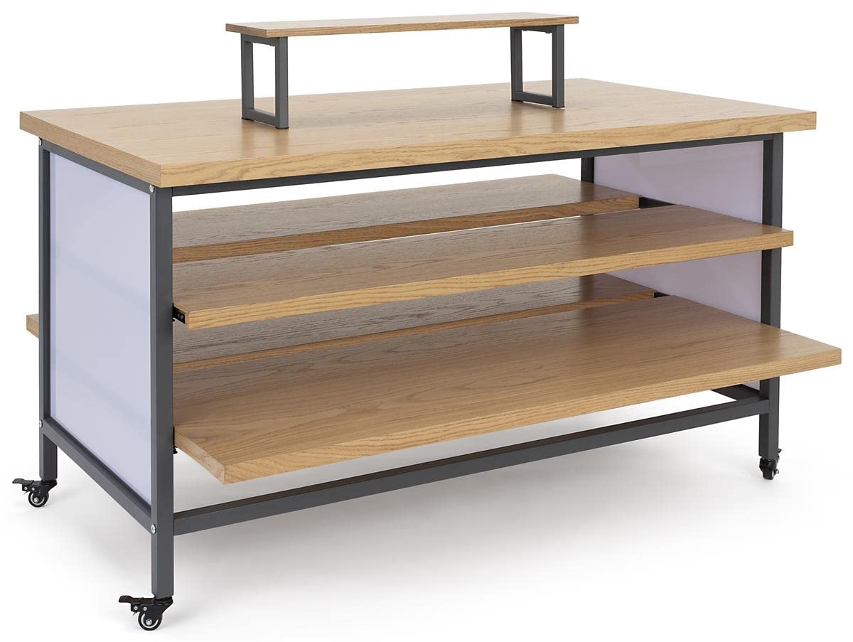 Displays2go Tiered Retail Display Table w/Wheels and Removable Top Riser - Natural Wood (SM3TWDR)