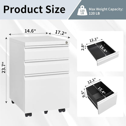 Oasecrilio Filing Cabinet 3 Drawer, Locking File Cabinets for Home Office, Mobile Filing Cabinet for A4/Letter/Legal Size File Folders, Fully Assembled, Matte White