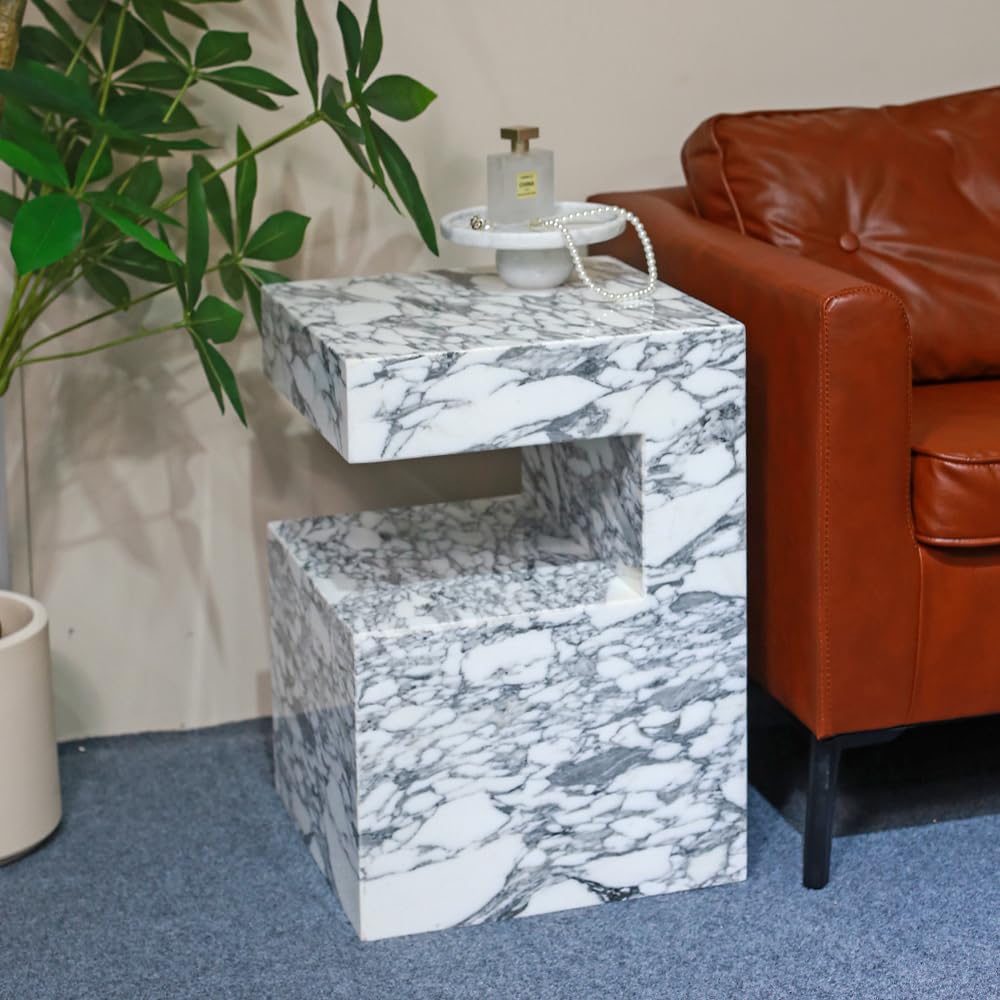 Natural Marble C-Shaped End Table, Luxurious Handmade Coffee Table Suitable for for Living Room Bedroom Bathroom Small Spaces, No Installation Marble Sofa Table for Modern Home Decor
