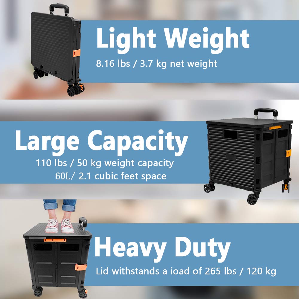 FELICON SELORSS Foldable Utility Cart Folding Portable Rolling Crate Handcart with Durable Heavy Duty Plastic Telescoping Handle Collapsible 4 Rotate Wheels for Travel Shop Move Luggage Office(Black)