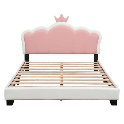 Merax Kid Full Upholstered Day Bed Frame with Crown Headboard, Wood Princess Low Platform Bed for Boys Girls,Easy Assemble White+Pink