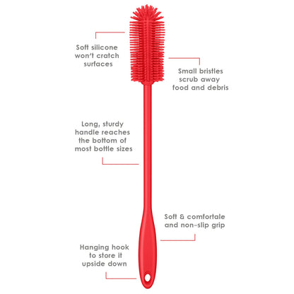 Purtribe Silicone Bottle Brush, Water Bottle Cleaner Brush with Long Handle, Perfect for Cleaning Narrow Neck Containers, Vacuum Sports Bottle, Tumblers, Flask, Glassware (1 Pack, Red)