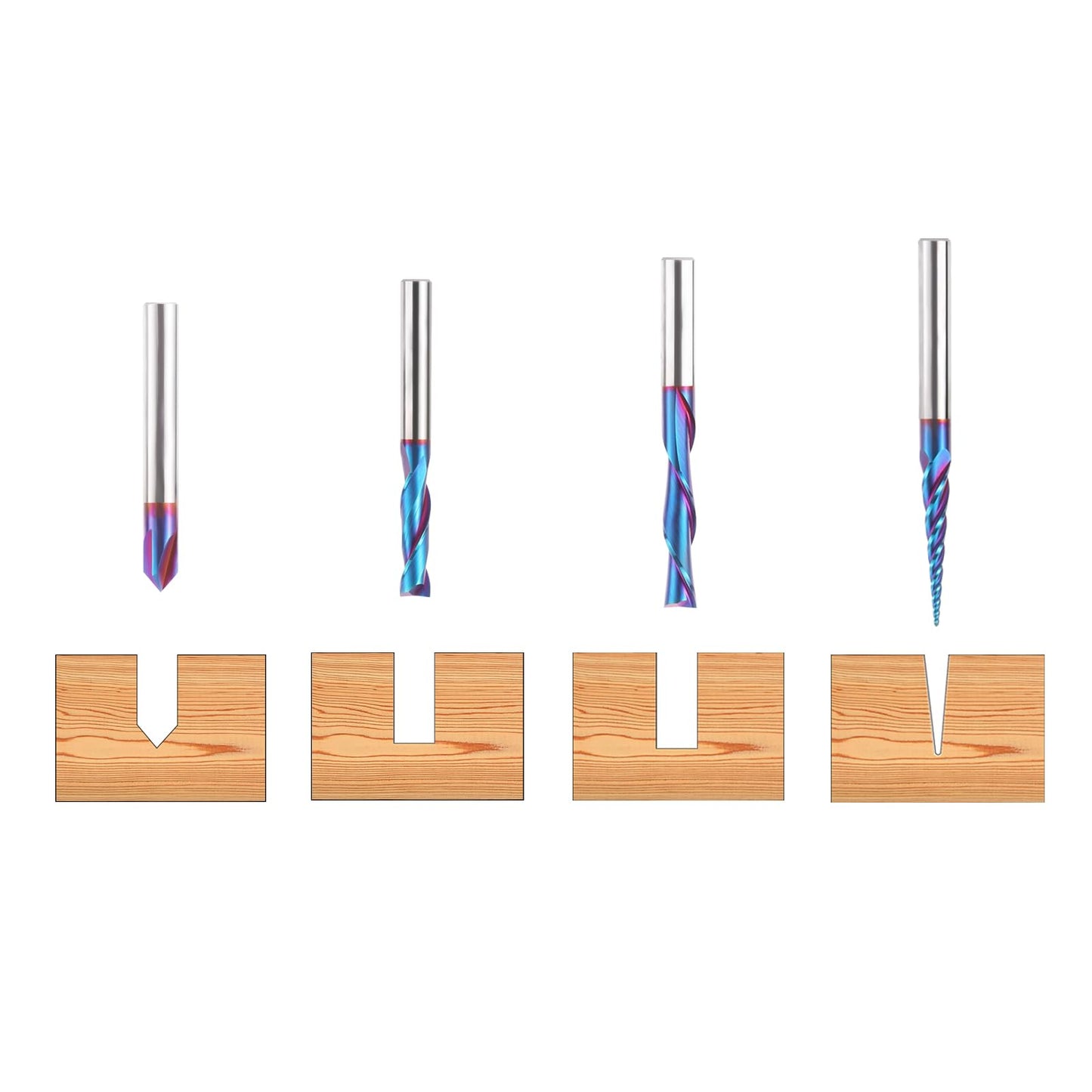 HQMaster 4 Pcs CNC Router Bits Set 1/4” Shank Tungsten Carbide Multiple Uses Router Bit End Mill for Woodworking Detail Carving Trimming V Groove Engraving Sign Making Grooving Slots and Mortises