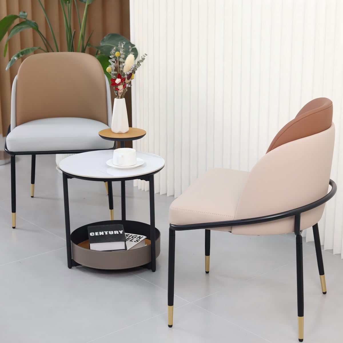 Wisfor Dining Chairs Set of 2: Faux Leather Upholstered Makeup Chair with Arched Backrest - Armless Vanity Chairs with Metal Legs for Kitchen Living Room Bedroom (Reddish Brown and Beige)