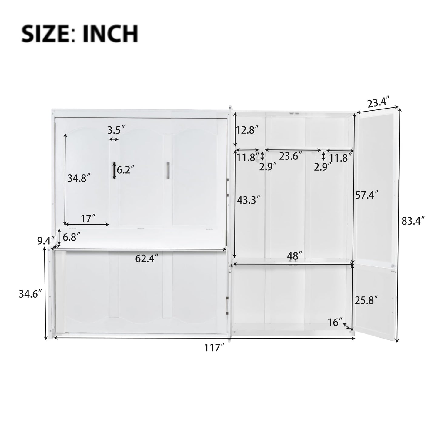 Ball & Cast Queen Size Murphy Bed Wall Bed with Built-in Wardrobe Storage and Hydraulic Lift System,Wood Hideaway Cabinet Platform Bedframe w/Slat Support,can be Folded,for Small Room,Dorms,White