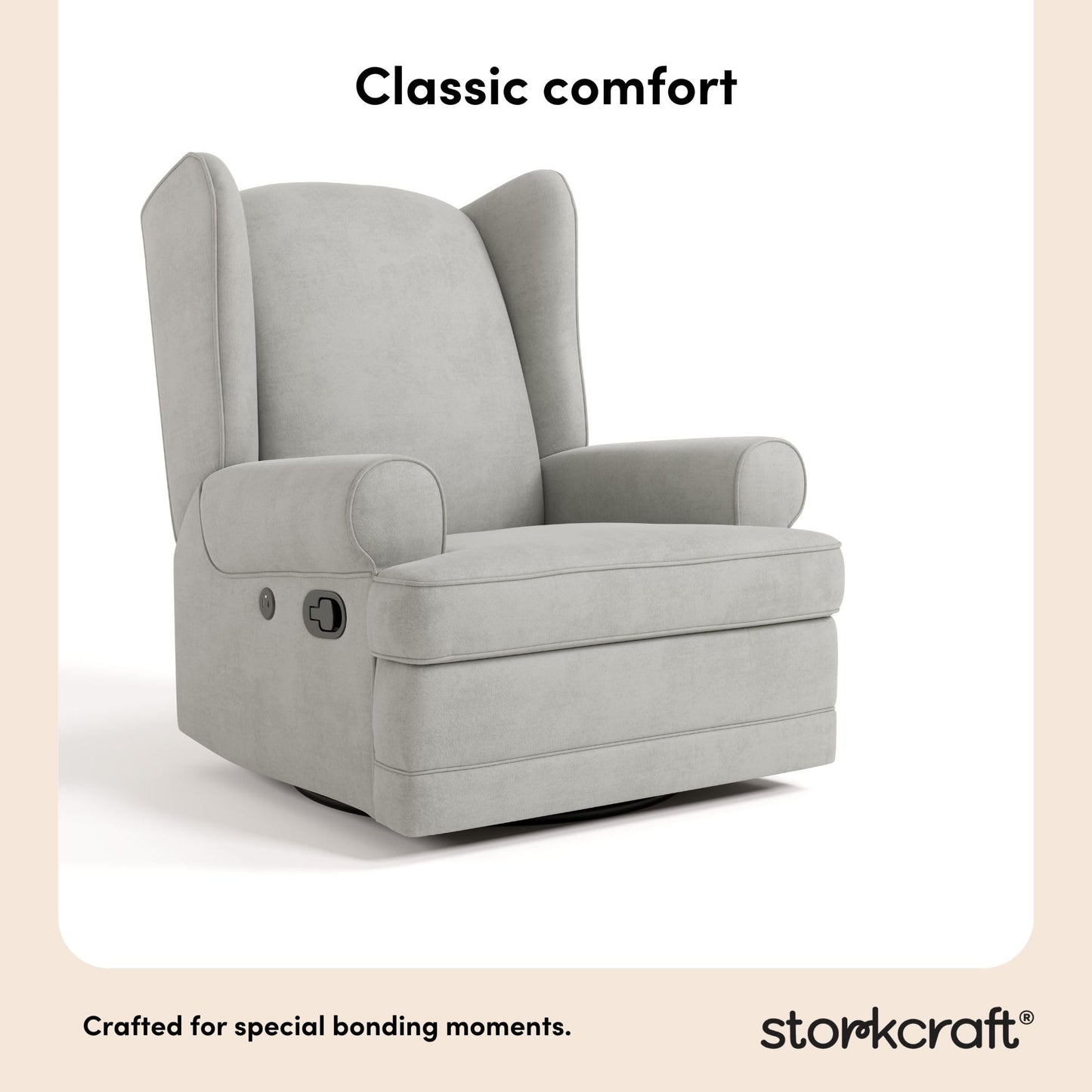 Storkcraft Serenity Upholstered Swivel Glider with USB Charging Port (Steel) – Fully Upholstered Wingback Nursery Glider Recliner with Manual Recline Function, Rocking Chair, 360 Swivel Base