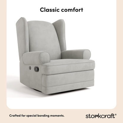 Storkcraft Serenity Upholstered Swivel Glider with USB Charging Port (Steel) – Fully Upholstered Wingback Nursery Glider Recliner with Manual Recline Function, Rocking Chair, 360 Swivel Base