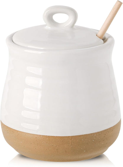 12 HASENSE Ceramic Honey Pot with Lid and Dipper Stick, Ounce HoneyJar Dish for Home Kitchen, Farmhouse Honey Container