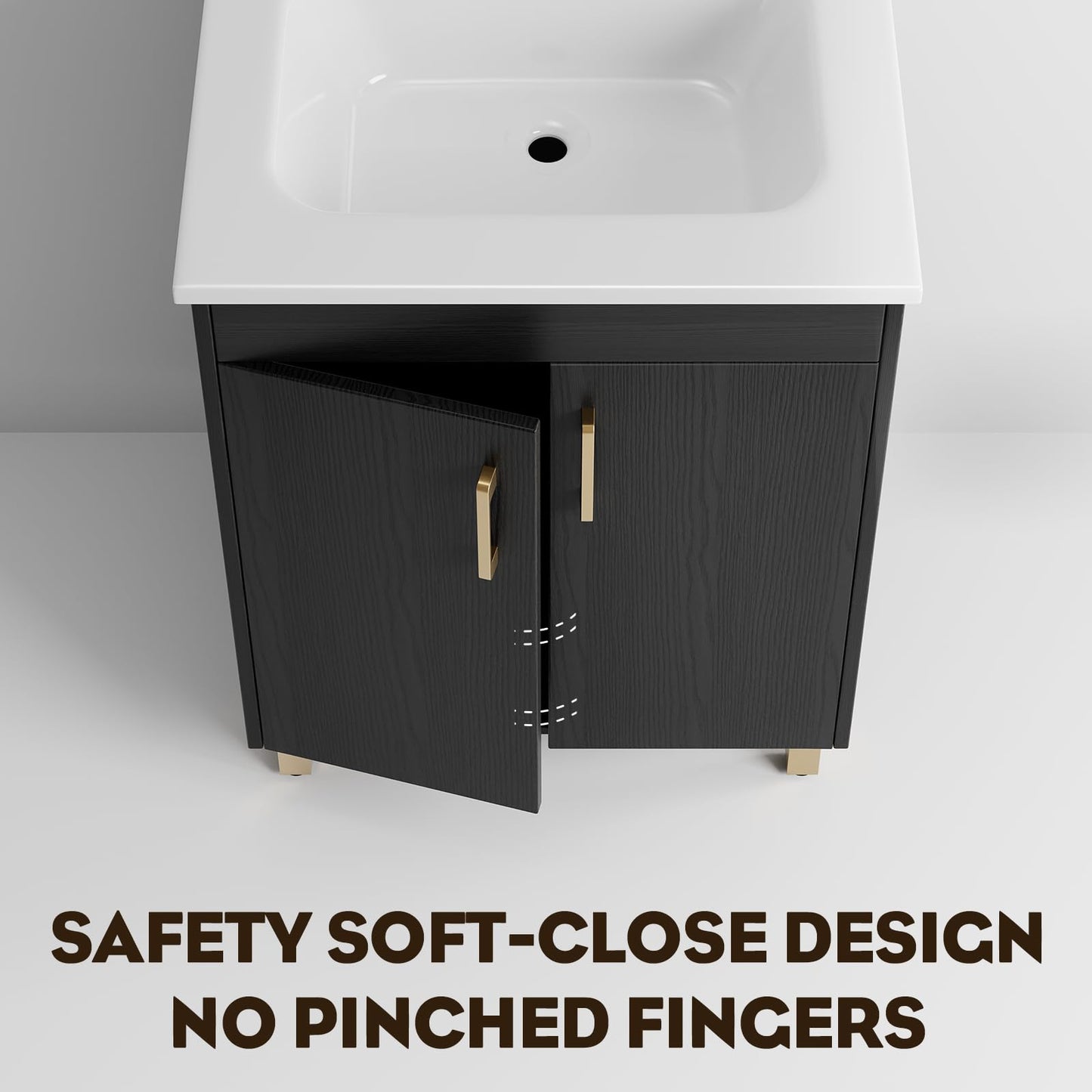 phiestina 24 Inch Fully Pre-Assembled Black Bathroom Vanity with Single Ceramic Countertop Sink Combo, 2 Soft Close Doors Bathroom Cabinet Set, Faucet Not Included, BV01-BLACK-JH