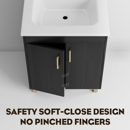 phiestina 24 Inch Fully Pre-Assembled Black Bathroom Vanity with Single Ceramic Countertop Sink Combo, 2 Soft Close Doors Bathroom Cabinet Set, Faucet Not Included, BV01-BLACK-JH