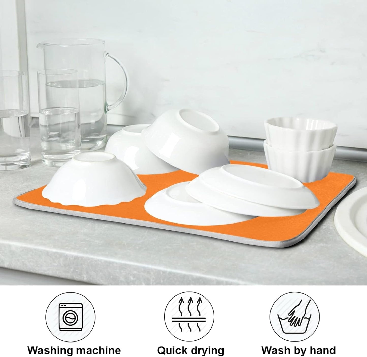 Orange Halloween Day Dish Drying Mat for Kitchen Counter, Absorbent Microfiber Drying Dish Pad, 16 x 18 Inch