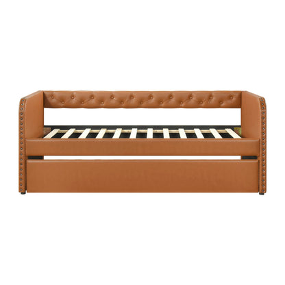 Lexicon Faux Leather Daybed with Trundle, Solid Wood Frame, Nailhead Trim, Wood Slat Support, Button Tufted Trundle Day Bed Sofa Bed for Bedroom/Guest Room, No Box Spring Needed, Twin, Matte Brown