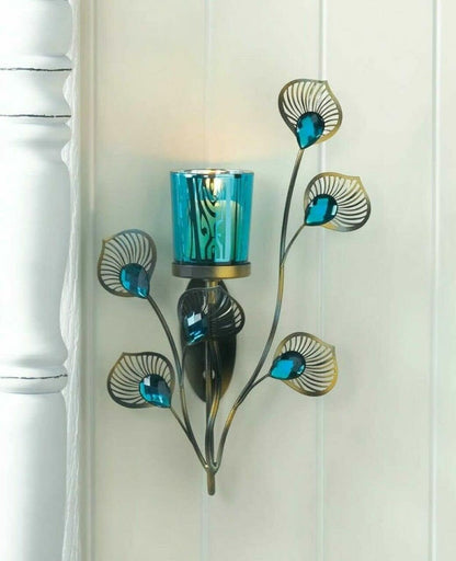 6.75x2.25x10.75, Zingz & Thingz Exotic Peacock Plume Collection Tealight & Candle Lighting, Wall Sconce Single