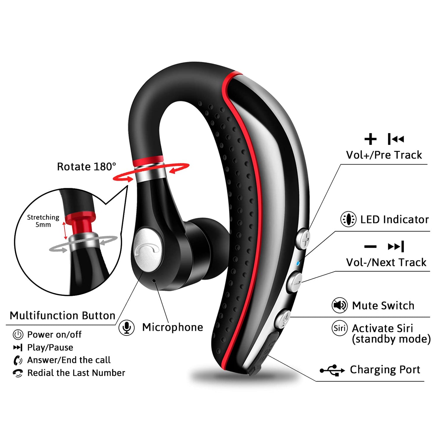 LSAPT Bluetooth Headset V5.0,Wireless Bluetooth Earpiece with Noise Canceling Mic for Cell Phone,Business Earphone for Driving/Trucker/Office,Sweatproof Headset for Android/iPhone-RED