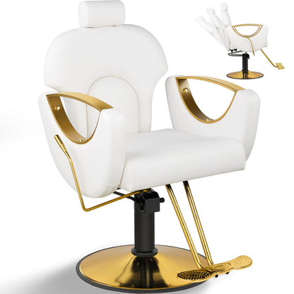 Tythical Salon Chair for Hair Stylist, Reclining Hair Salon Chair for Home, Barber Styling Chairs with Heavy Duty Hydraulic Pump, 360 ° Swivel, Multi-Function Beauty Spa Equipment Cream White Gold