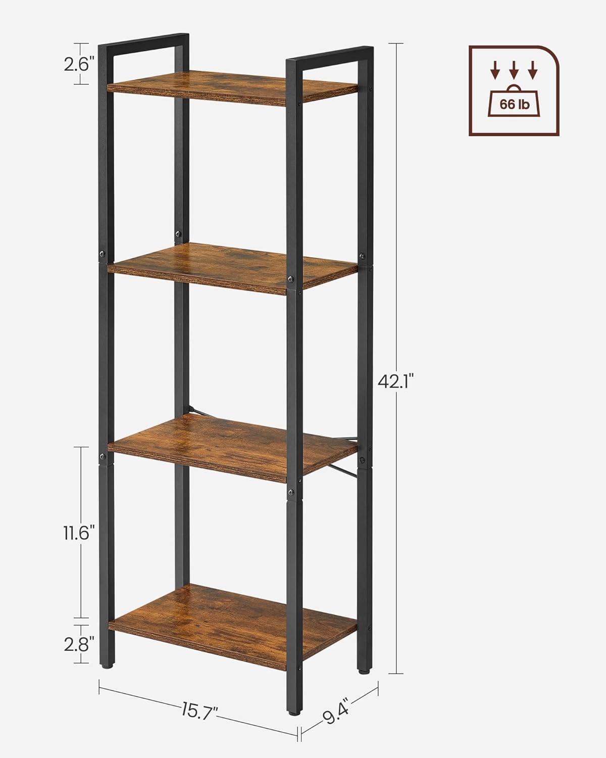 VASAGLE 4-Tier Tall Bookshelf, Industrial Style Bookcase with Steel Frame for Living Room, Home Office, Rustic Brown