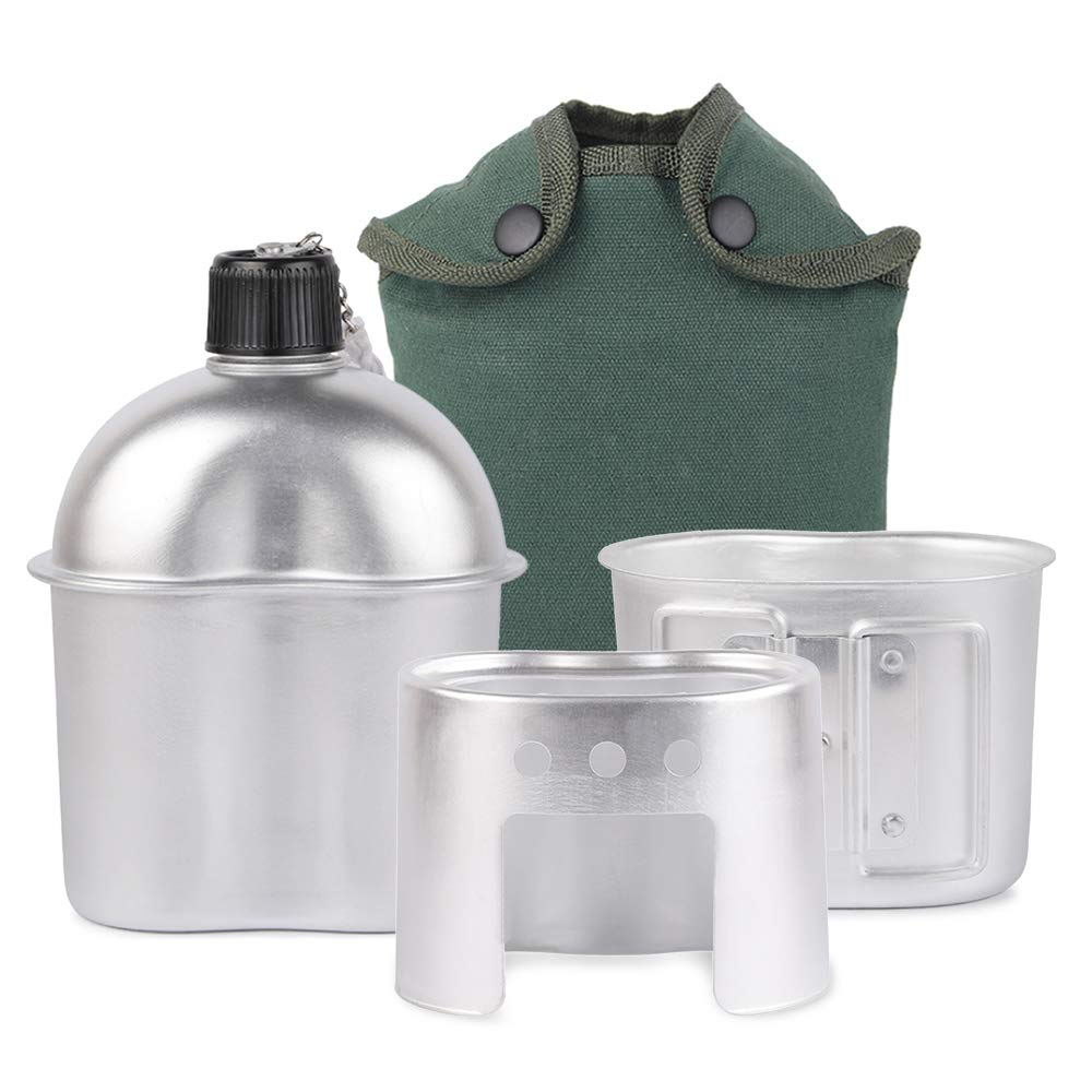 Lixada Military Canteen Set 3pcs Portable Camping Cookware Set Cooking Pots Military Canteen Wooden Stove Cup Set for Camping Hiking Backpack