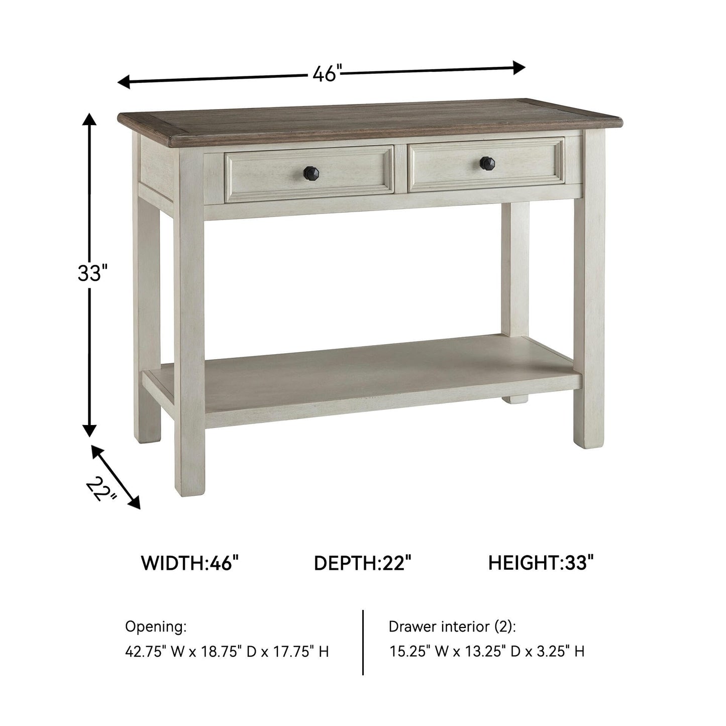 Signature Design by Ashley Bolanburg Sofa Table, Two‑Tone Wood Console With Drawers, Antique Finish With Metal Hardware, Ideal for Entryway or Living Room Display, Antique White