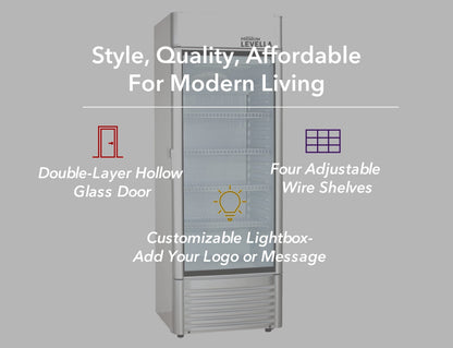 PremiumLevella PRF90DX Glass Door Display Refrigerator 9.0 cu ft Commercial Beverage Cooler Merchandiser With Customizable Lightbox - Silver