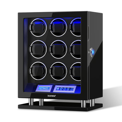 DUKWIN Watch Winder for 9 Automatic Watches, Fingerprint Lock Watch Winders with LCD Touchscreen, Blue LED Light, Remote Control,Adjustable Pillow and Quiet Motor for Universal Watches, 5TPD