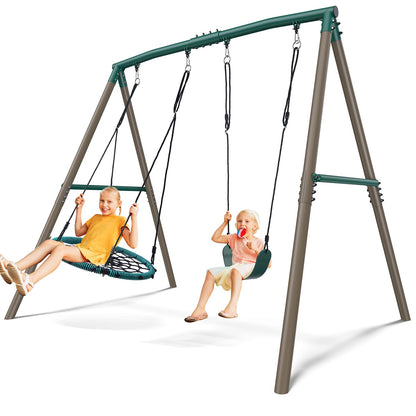 Hapfan 7.5ft Tall Swing Sets for Backyard, 500lbs Heavy Duty Metal Swing Set for Kids and Adults with Spider Swing and Belt Swing, A-Frame Outdoor Swingset Play Equipment(Green and Brown)
