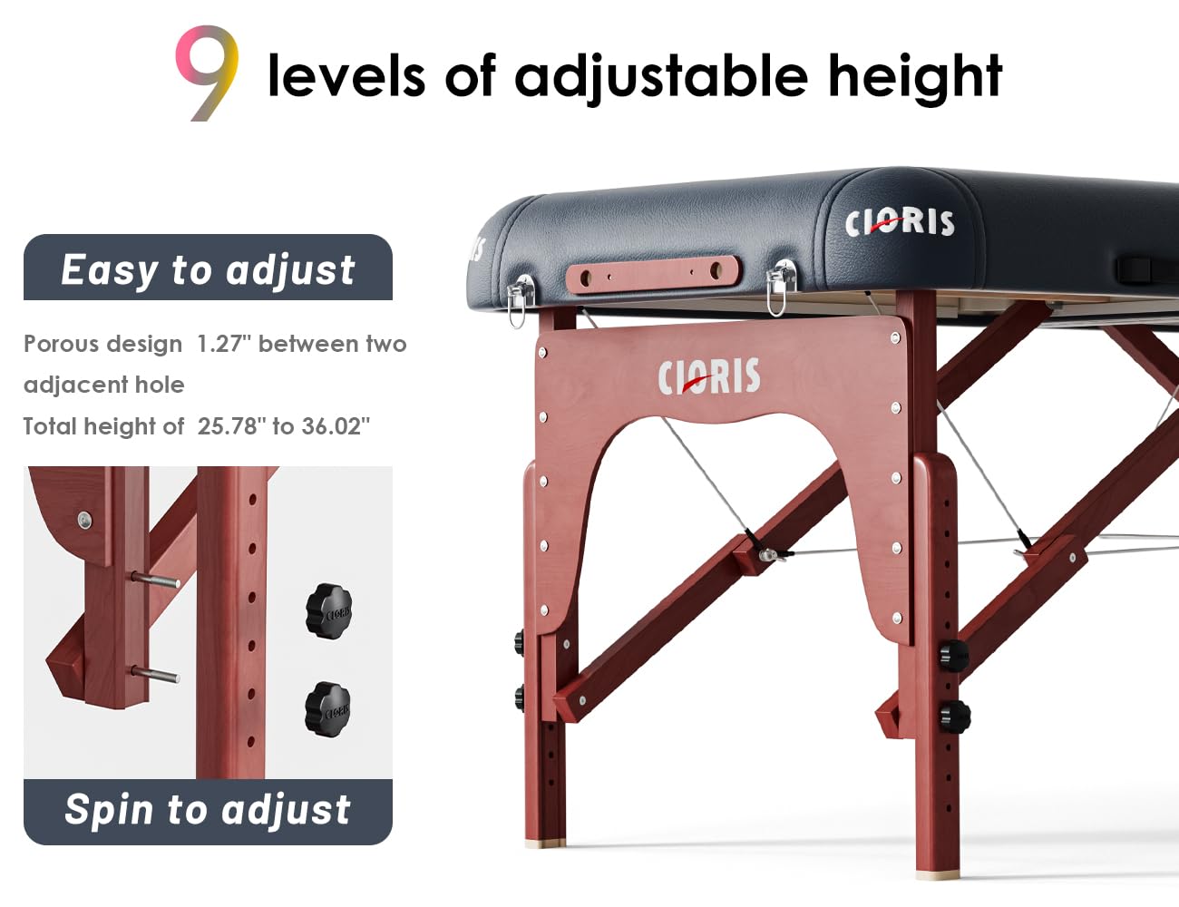 CLORIS 84" Luxury Massage Table Portable 2 Folding Lightweight Facial Salon Spa Tattoo Bed Height Adjustable with Carrying Bag & Wooden Leg Hold Up to 1500LBS Blue
