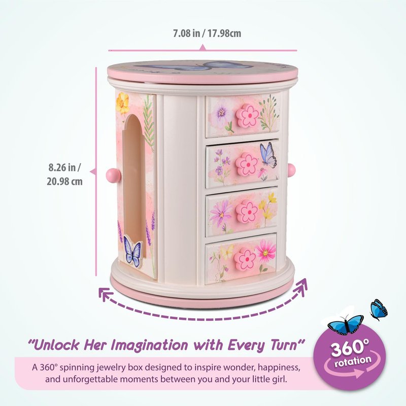 Tiny Gem - Spinning Jewelry Box for Girls Ages 2-18; Little Girl and Toddler Birthday and Christmas Gift; Flower and Butterfly White and Pink Wood Jewelry Box and Organizer; Room Decor for Accessories